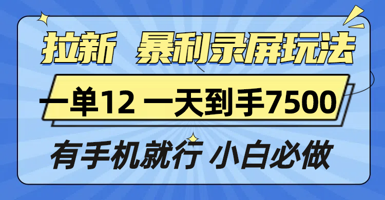 拉新暴利录屏玩法，一单12块，一天到手7500，有手机就行-云创项目库