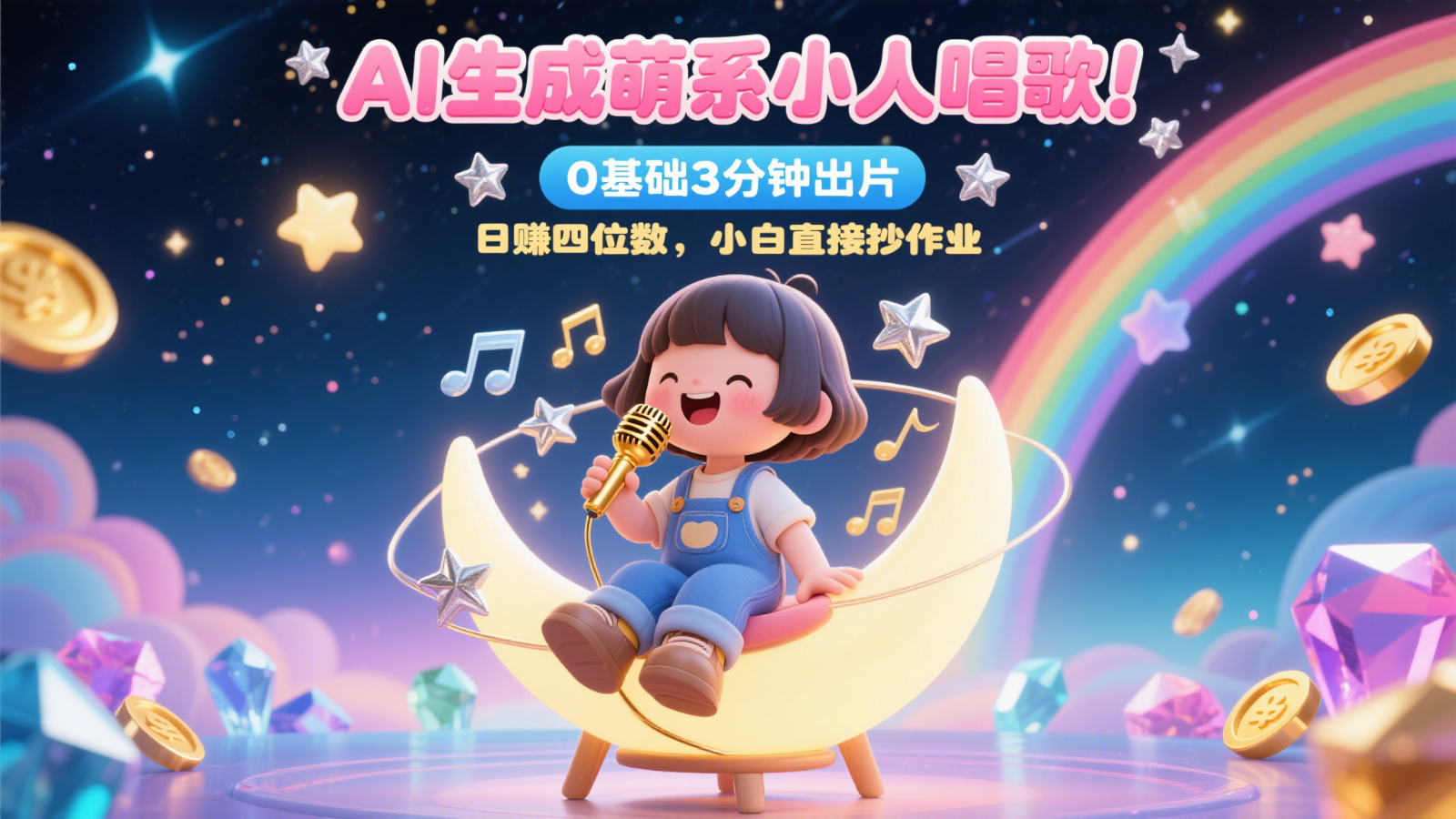 AI生成萌系小人唱歌！0基础3分钟出片，28个作品涨粉9万，日赚四位数，小白直接抄作业-云创项目库