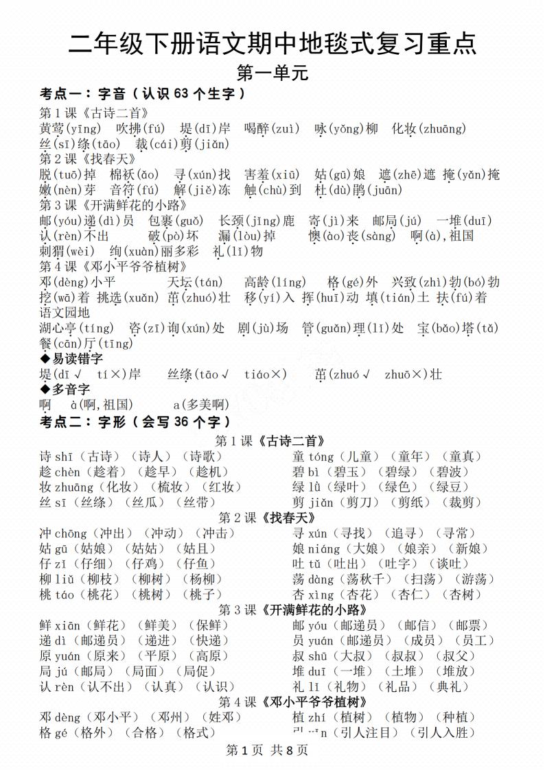 二年级下册语文期中地毯式复习重点8页-云创项目库