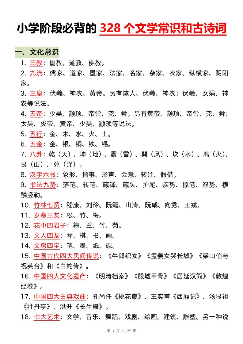 小升初语文必背的328个文学常识和古诗词-云创项目库