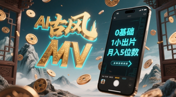 AI一键生成古风音乐MV，0剪辑基础1小时出片，多种变现渠道，一部手机月入5位数-云创项目库