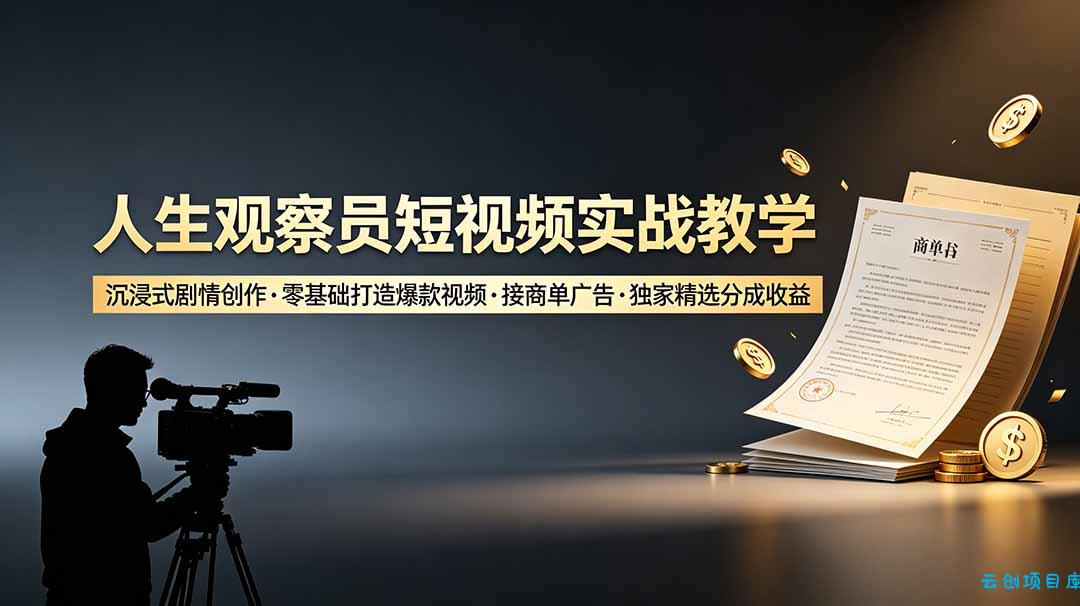 人生观察员短视频实战教学，沉浸式剧情创作，零基础打造爆款视频，接商单广告，独家精选分成收益-云创项目库