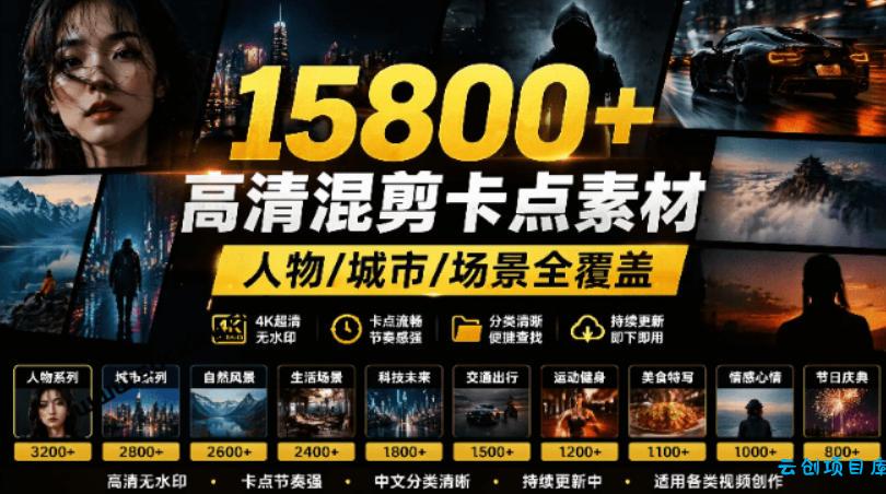 【影视剪辑素材合集】15800+高清混剪卡点|热门影视精彩片段|人物/城市/场景全覆盖,中文分类清晰-云创项目库