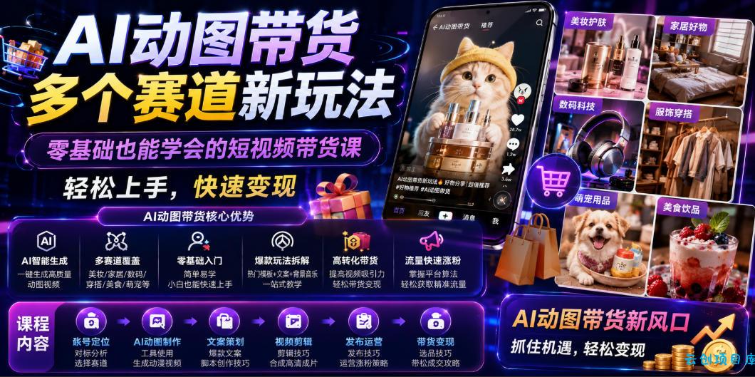 AI动图带货多个赛道新玩法,零基础也能学会的短视频带货课,轻松上手,快速变现