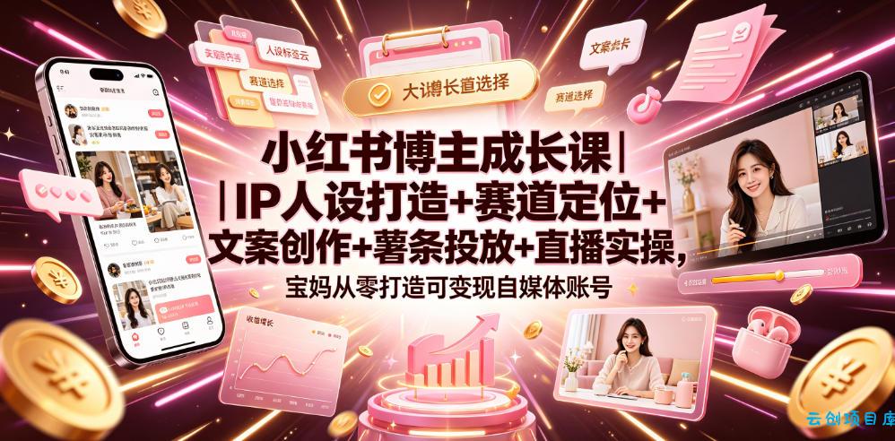 小红书博主成长课｜IP人设打造+赛道定位+文案创作+薯条投放+直播实操，宝妈从零打造可变现自媒体账号-云创项目库