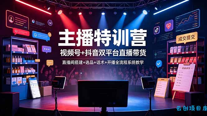 主播特训营:视频号+抖音双平台直播带货,直播间搭建+选品+话术+开播全流程系统教学-云创项目库