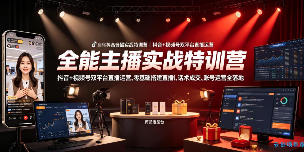 全能主播实战特训营|抖音+视频号双平台直播运营,零基础搭建直播间、精准选品、话术成交、账号运营全落地-云创项目库