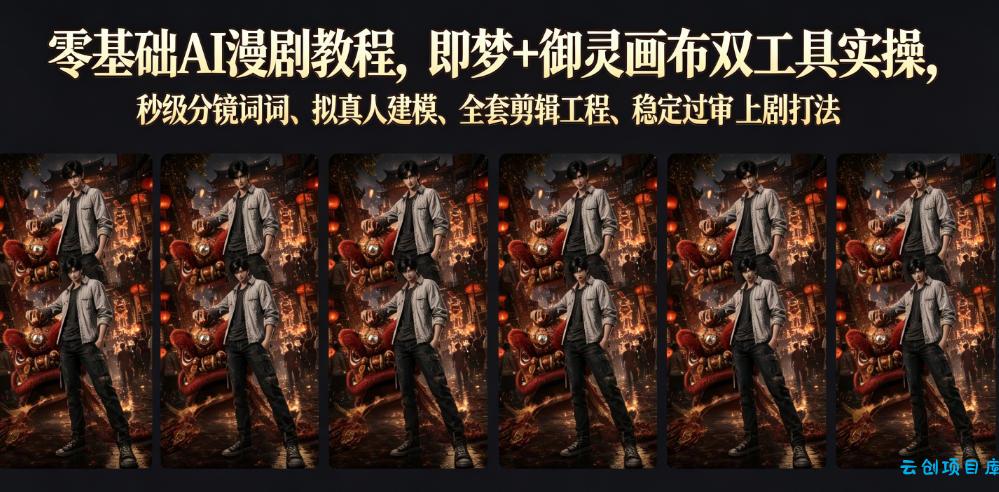 零基础AI漫剧教程,即梦+御灵画布双工具实操,秒级分镜提示词、拟真人建模、全套剪辑工程、稳定过审上剧打法