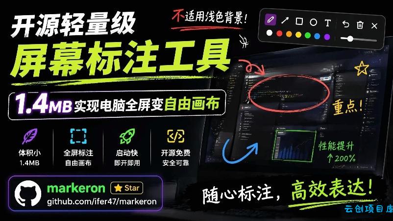 开源轻量级屏幕标注工具,1.4MB实现电脑全屏变自由画布!支持8种标注工具和全键盘操控MarkerOn-云创项目库
