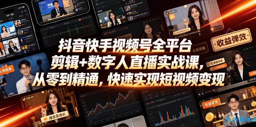 抖音快手视频号全平台剪辑+数字人直播实战课,从零到精通,快速实现短视频变现(更新2026年6月)-云创项目库