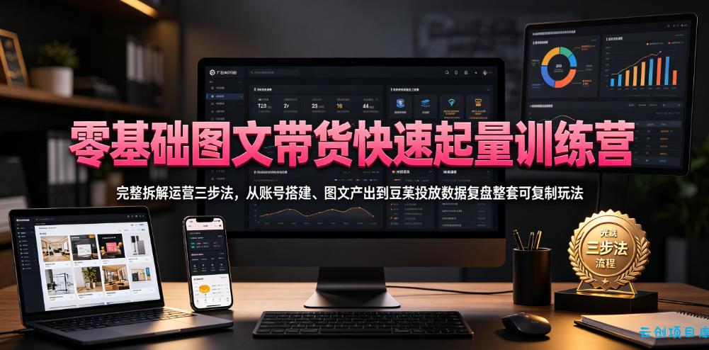 零基础图文带货快速起量训练营,完整拆解运营三步法,从账号搭建、图文产出到豆荚投放数据复盘整套可复制玩法-云创项目库