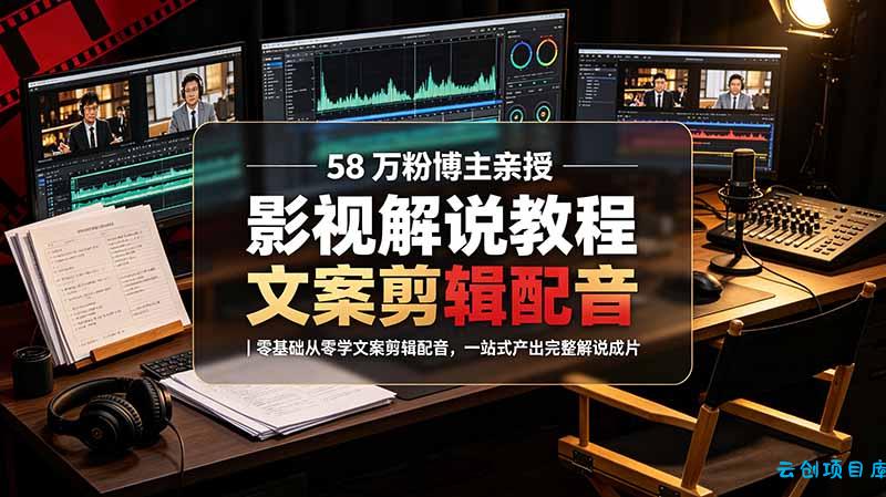 58 万粉博主荧幕春秋亲授影视解说教程|零基础从零学文案剪辑配音,一站式产出完整解说成片-云创项目库