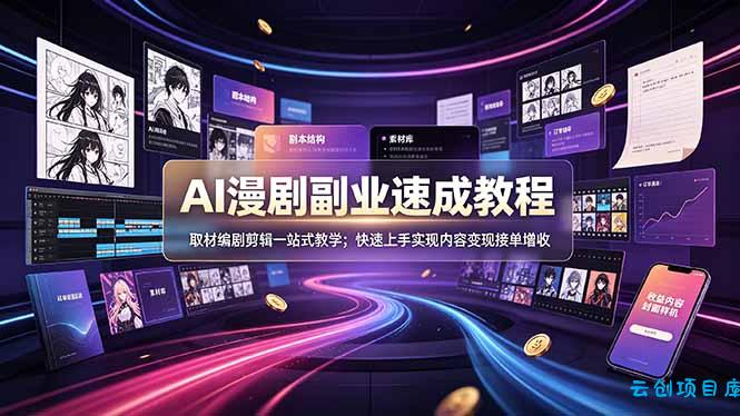 AI漫剧副业速成教程,取材编剧剪辑一站式教学;快速上手实现内容变现接单增收-云创项目库