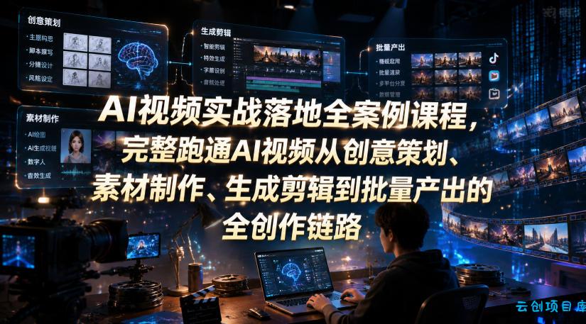 AI视频实战落地全案例课程,完整跑通AI视频从创意策划、素材制作、生成剪辑到批量产出的全创作链路-云创项目库