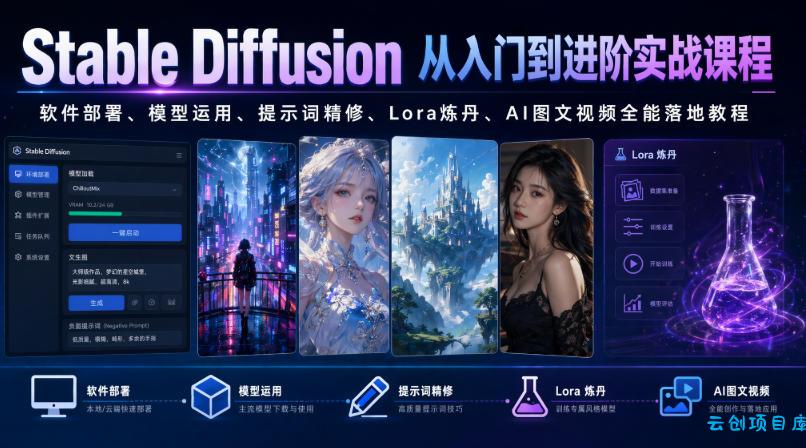 Stable Diffusion从入门到进阶实战课程|软件部署、模型运用、提示词精修、Lora炼丹、AI图文视频全能落地教程-云创项目库