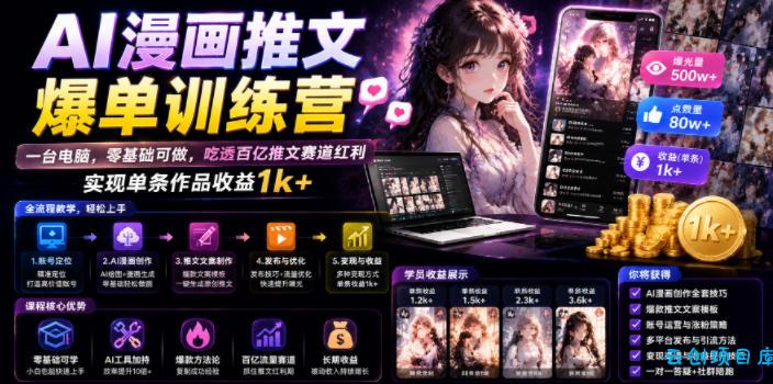 AI漫画推文爆单训练营,一台电脑,零基础可做,吃透百亿推文赛道红利,实现单条作品收益1k+-云创项目库