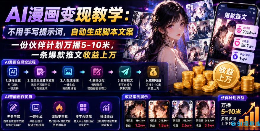 AI漫画变现教学:不用手写提示词,自动生成脚本文案,一份伙伴计划万播5-10米,一条爆款推文收益上W-云创项目库