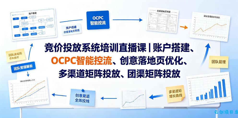 竞价投放系统培训直播课|账户搭建、OCPC智能控流、创意落地页优化、多渠道矩阵投放、团队管理与副业变现全阶实战