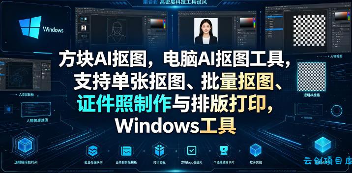 方块AI抠图,电脑AI抠图工具,支持单张抠图、批量抠图、证件照制作与排版打印,Windows工具-云创项目库