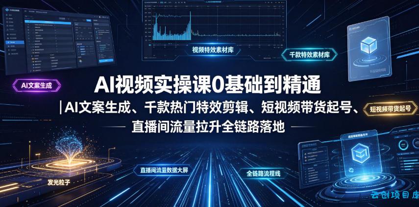 AI视频实操课0基础到精通|AI文案生成、千款热门特效剪辑、短视频带货起号、直播间流量拉升全链路落地-云创项目库