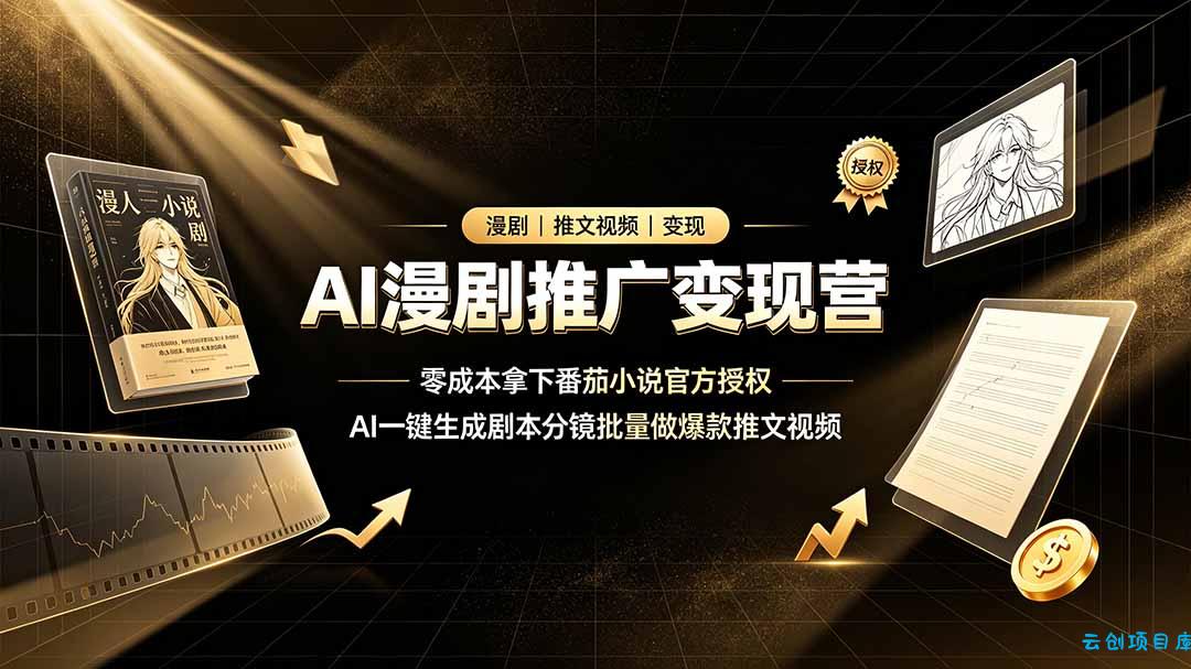 AI漫剧推广变现营，零成本拿下番茄小说官方授权，AI一键生成剧本分镜批量做爆款推文视频-云创项目库