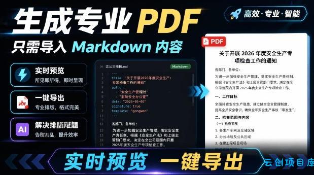 只需导入Markdown内容，实时预览一键导出专业PDF！轻松解决AI生成内容排版问题Presto-云创项目库