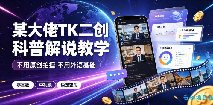 某大佬TK二创科普解说教学，不用原创拍摄不用外语基础，零基础做TikTok中视频稳定变现-云创项目库