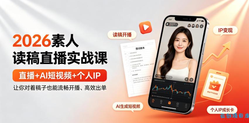 2026素人读稿直播实战课｜直播+AI短视频+个人IP，让你对着稿子也能流畅开播、高效出单-云创项目库