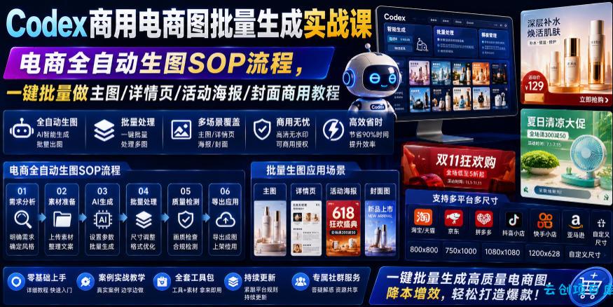 Codex商用电商图批量生成实战课|电商全自动生图SOP流程,一键批量做主图/详情页/活动海报/封面商用教程-云创项目库