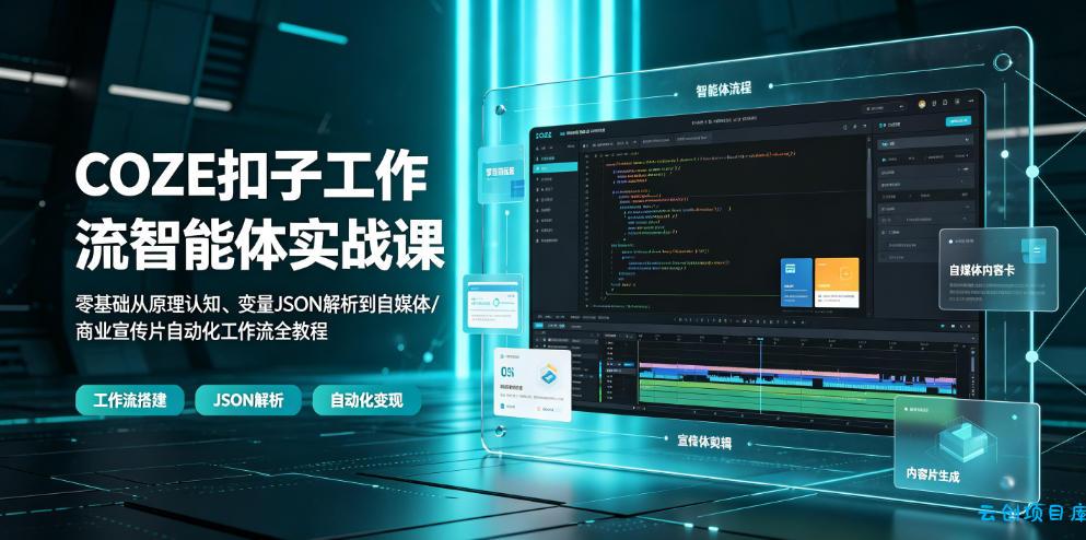 COZE扣子工作流智能体实战课|零基础从原理认知、变量JSON解析到自媒体/商业宣传片自动化工作流全教程-云创项目库