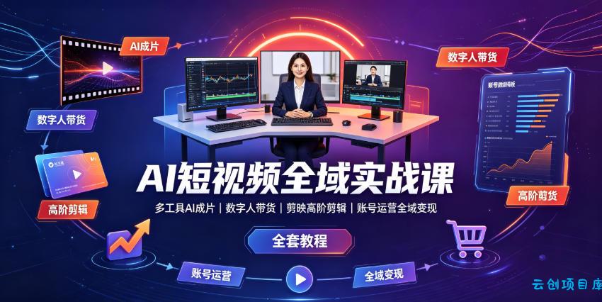 AI短视频全域实战课|多工具AI成片、数字人带货、剪映高阶剪辑、账号运营全域变现全套教程-云创项目库