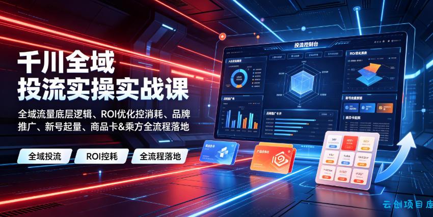 千川全域投流实操实战课|全域流量底层逻辑、ROI优化控消耗、品牌推广、新号起量、商品卡&乘方全流程落地-云创项目库