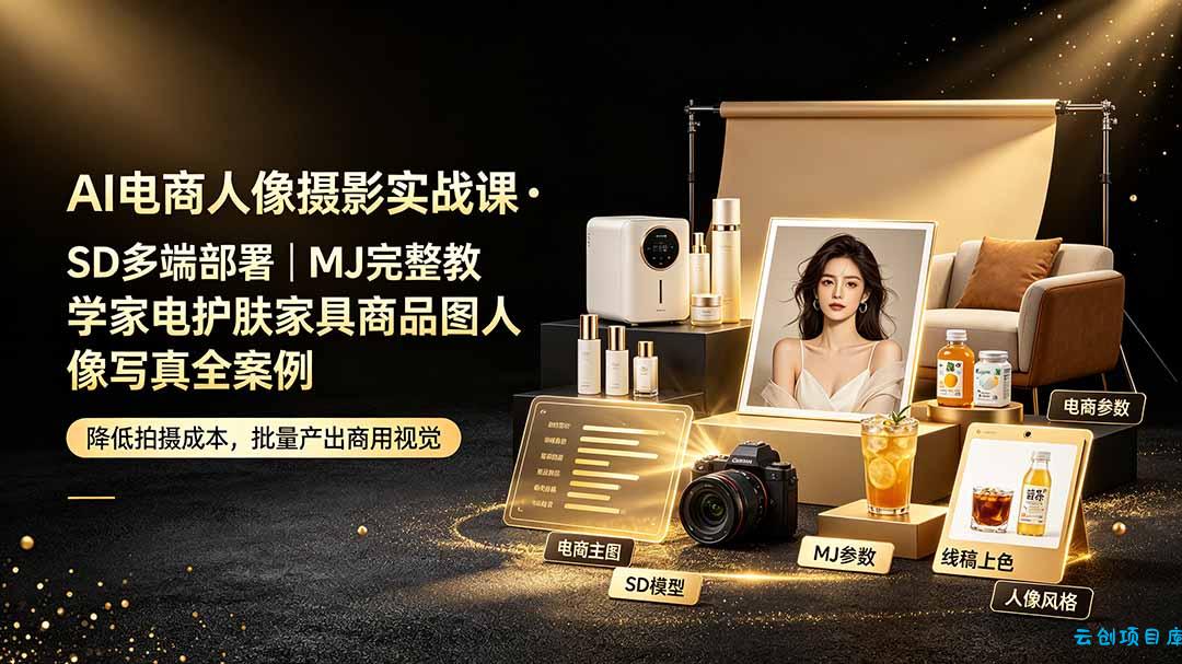 AI电商人像摄影实战课·SD多端部署｜MJ完整教学｜家电护肤家具商品图人像写真全案例-云创项目库