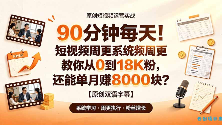 90 分钟每天！短视频周更系统教你从 0 到 18K 粉，还能单月赚 8000 块？【原创双语字幕】-云创项目库