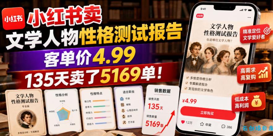 小红书卖文学人物性格测试报告，客单价4.99，135天卖了5169单！-云创项目库