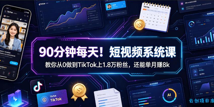 90分钟每天！短视频系统课教你从0做到TikTok上1.8万粉丝，还能单月賺8k【原创双语字幕】-云创项目库