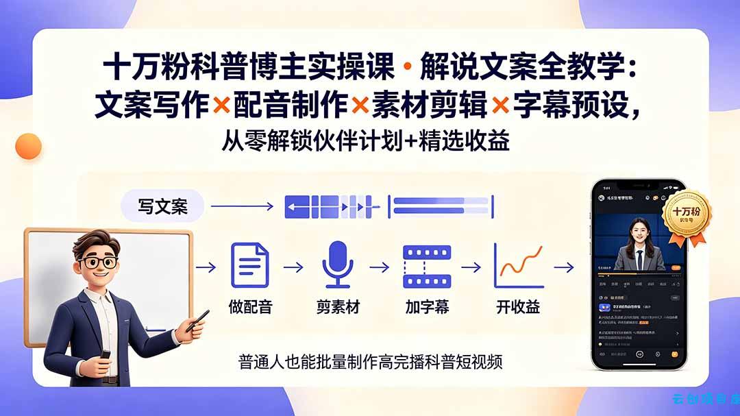 10万粉科普博主实操课-解说文案全教学：文案写作×配音制作×素材剪辑×字幕预设，从零解锁伙伴计划+精选收益-云创项目库