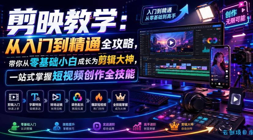 剪映教学：从入门到精通全攻略，带你从零基础小白成长为剪辑大神，一站式掌握短视频创作全技能-云创项目库