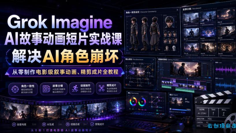 Grok Imagine AI故事动画短片实战课｜解决AI角色崩坏，从零制作电影级叙事动画、精剪成片全教程(中英字幕)-云创项目库