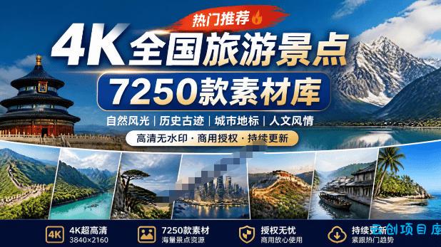 热门全国旅游风景素材！4K全国旅游景点素材库，7250款素材，旅行达人城市航拍风景风光高清短视频-云创项目库