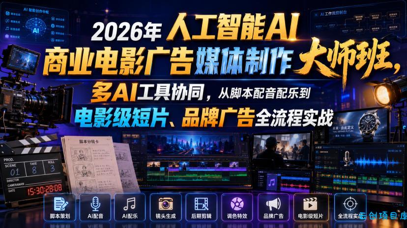 2026年人工智能AI商业电影广告媒体制作大师班,多AI工具协同,从脚本配音配乐到电影级短片、品牌广告全流程实战(中英字幕)