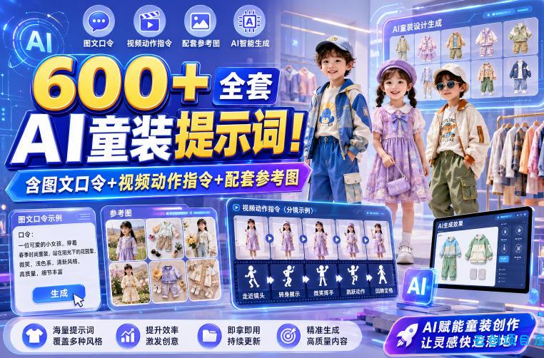 600+全套AI童装提示词!含图文口令+视频动作指令+配套参考图,Word-Excel规整分类,童装电商、种草无脑量产内容!