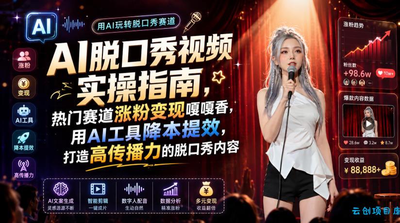 AI脱口秀视频实操指南，热门赛道涨粉变现嘎嘎香，用AI工具降本提效，打造高传播力的脱口秀内容-云创项目库