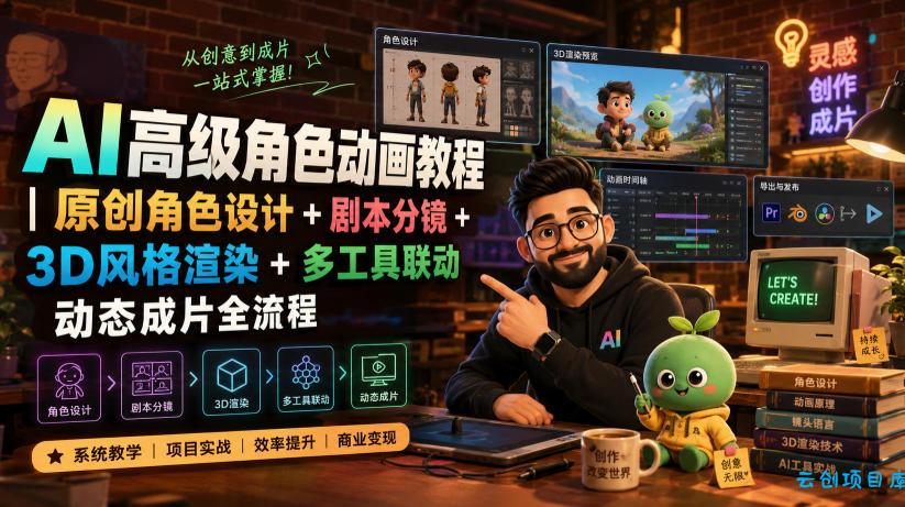 AI高级角色动画教程｜原创角色设计+剧本分镜+3D风格渲染+多工具联动动态成片全流程【中英字幕】-云创项目库