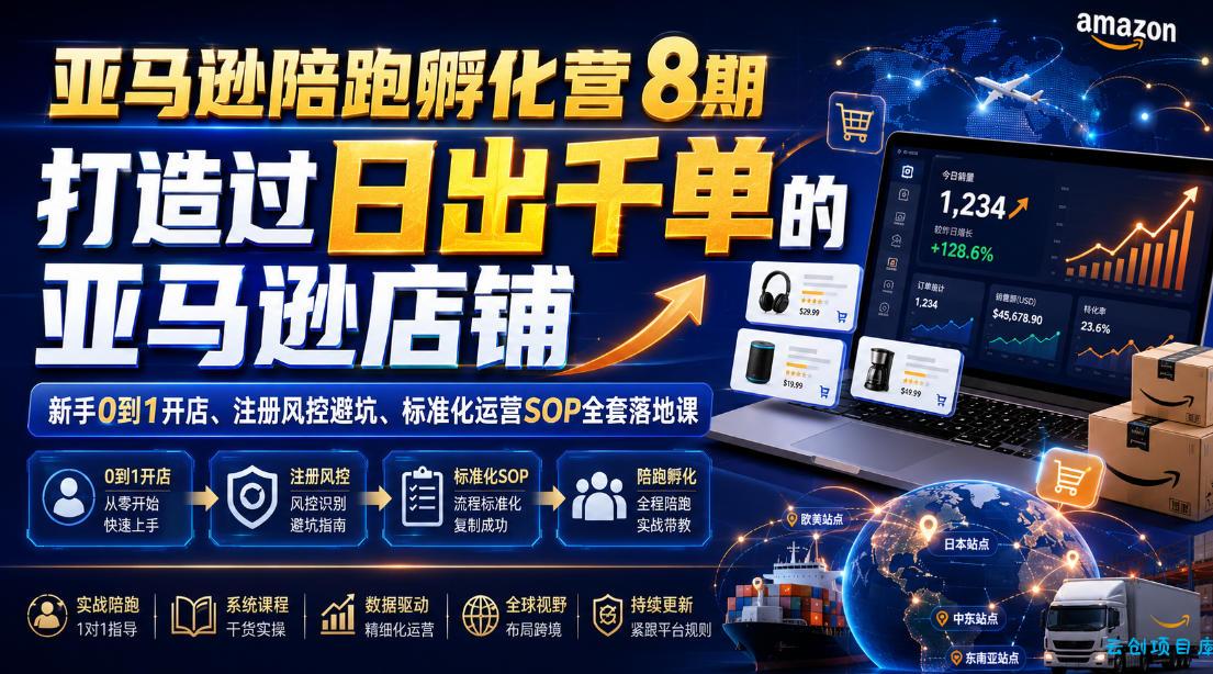 亚马逊陪跑孵化营8期，打造过日出千单的亚马逊店铺，新手0到1开店、注册风控避坑、标准化运营SOP全套落地课-云创项目库