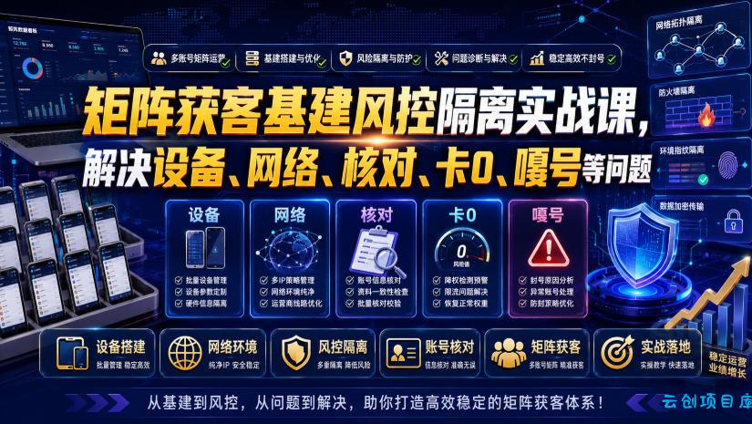 矩阵获客基建风控隔离实战课,解决设备、网络、核对、卡0、嘎号等问题