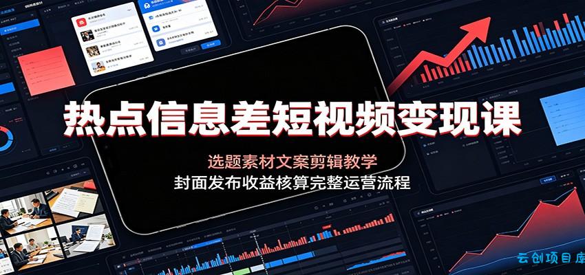 热点信息差短视频变现课:选题素材文案剪辑教学,封面发布收益核算完整运营流程-云创项目库