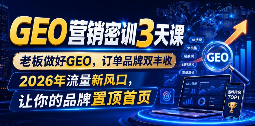 GEO营销密训3天课，老板做好GEO，订单品牌双丰收，2026年流量新风口，让你的品牌置顶首页-云创项目库