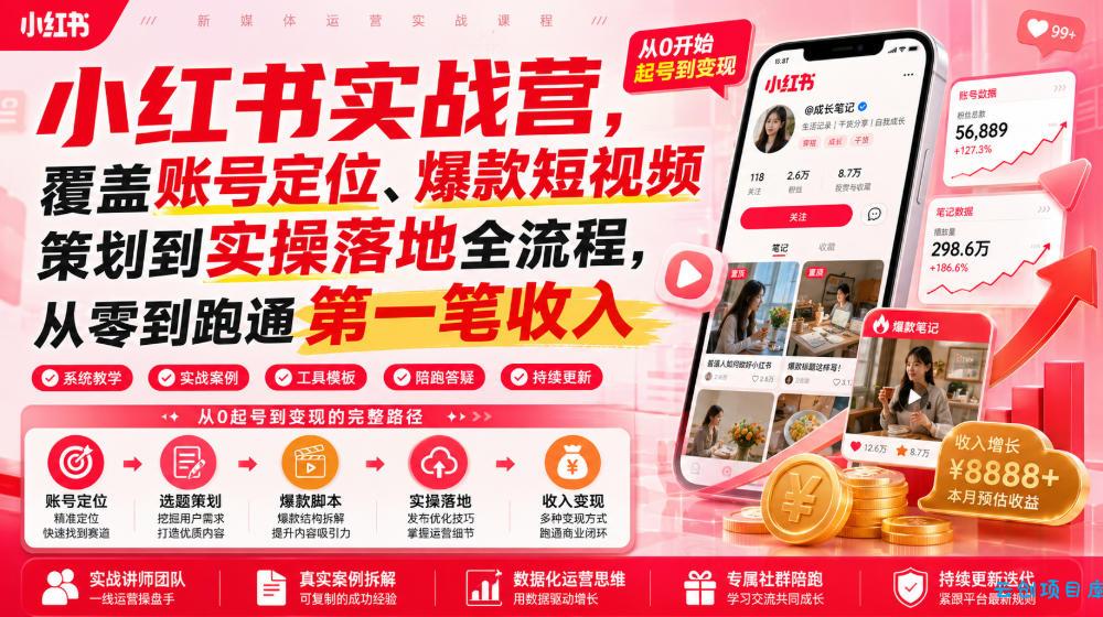 小红书实战营，覆盖账号定位、爆款短视频策划到实操落地全流程，从零到跑通第一笔收入-云创项目库