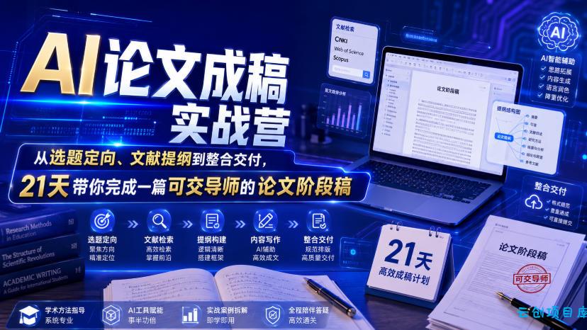 AI论文成稿实战营，从选题定向、文献提纲到整合交付，21天带你完成一篇可交导师的论文阶段稿-云创项目库